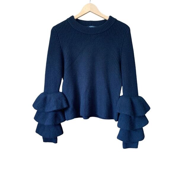 Saks Fifth Avenue Cashmere Tiered Ruffle Sleeve Sweater Black Size M - Picture 3 of 12